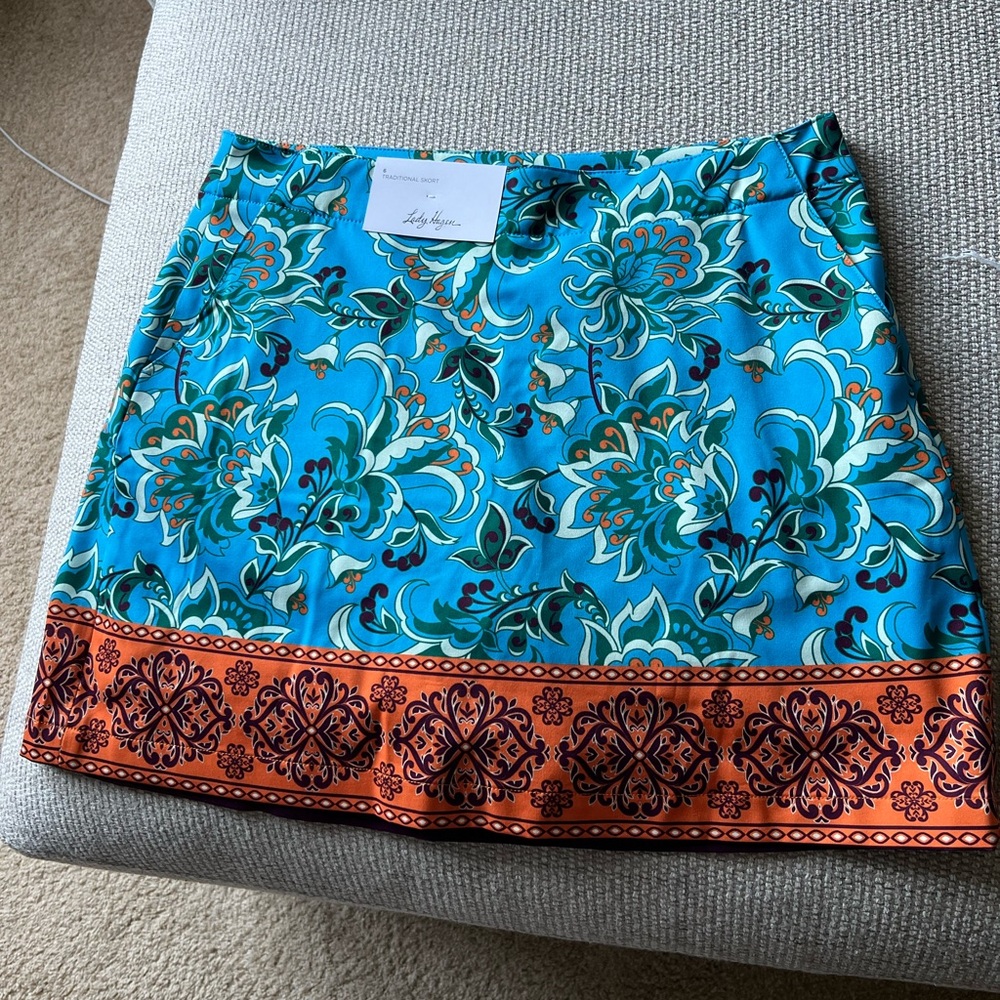 Lady Hagen Blue and Orange Floral Pencil Golf Skirt